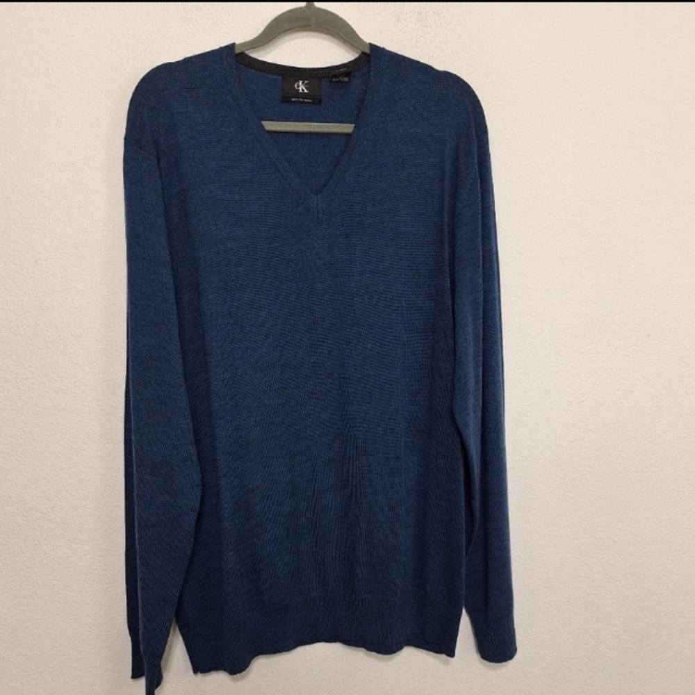 Calvin Klein Blue 100% Merino Wool Preppy Business Casual Knit Sweater Size XL